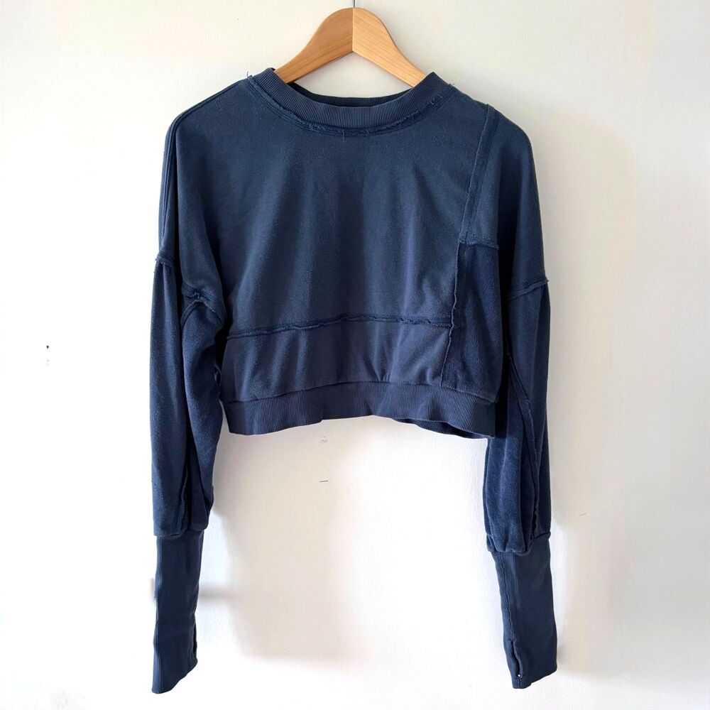 FREE PEOPLE Blue Terry Cotton Blend Crewneck Thumbhole Crop Sweatshirt Womens XS